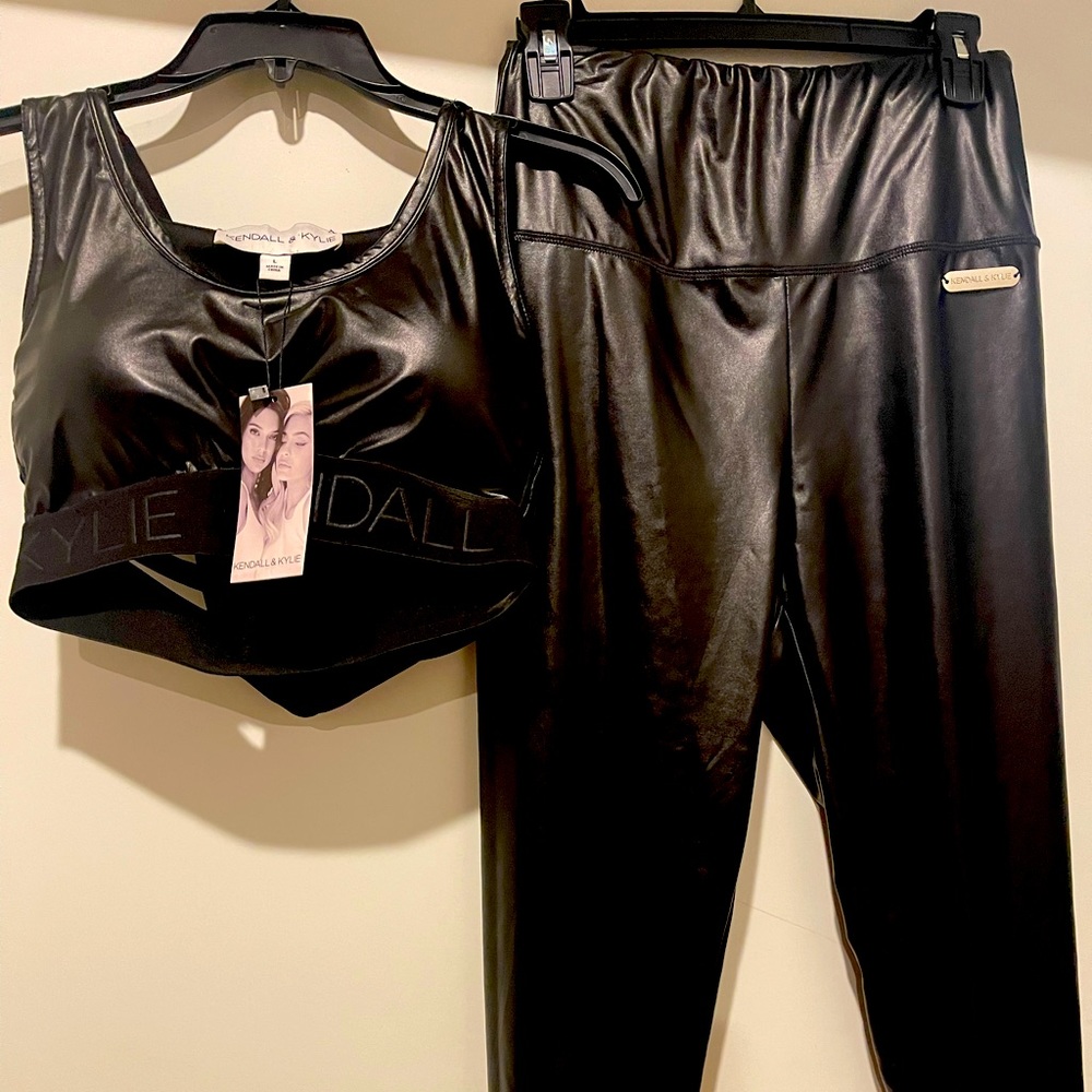Kendall & Kylie Faux Leather Leggings and sports bra w hoodie and strappy back